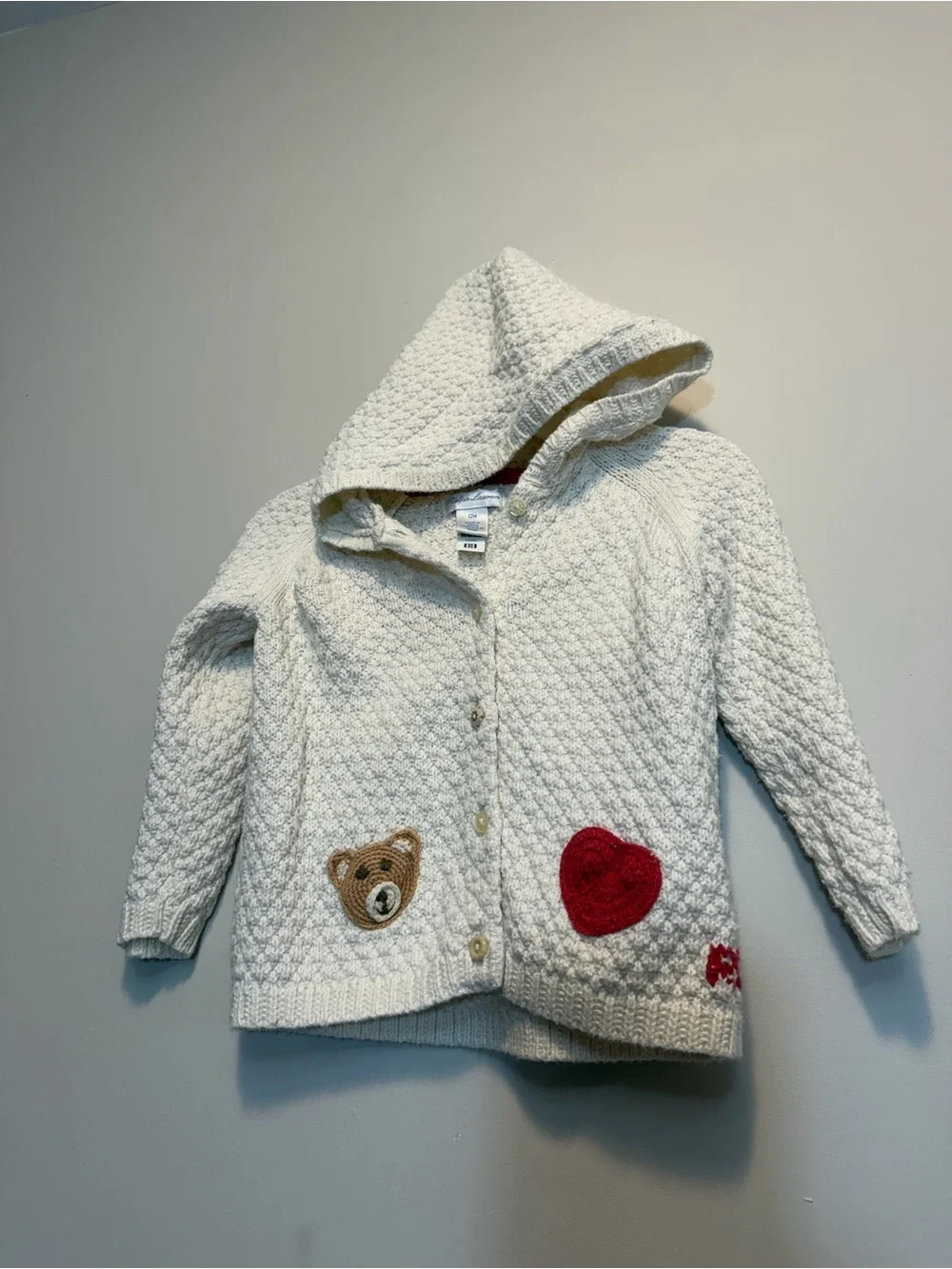 Ralph Lauren Cream Hooded Knit Cardigan with Red Heart & Bear Patch